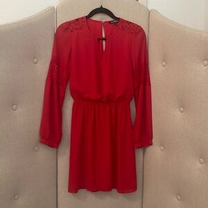Express Red Long Sleeve Round Neck Elastic Waist Dress w Lace Details XS
